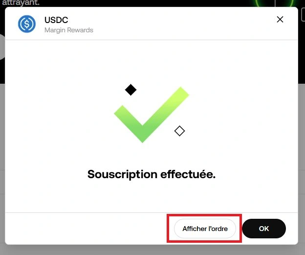 OKX confirmation dépôt Margin Rewards validé avec bouton Afficher l'ordre