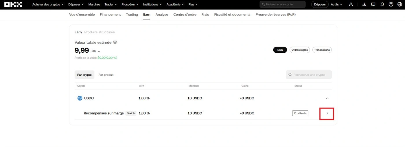 OKX Profil Vue d'ensemble Earn avec liste des positions Margin Rewards