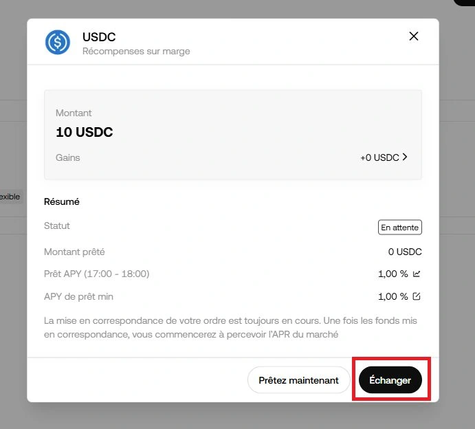 OKX détail position Margin Rewards avec boutons Prêter maintenant et Échanger