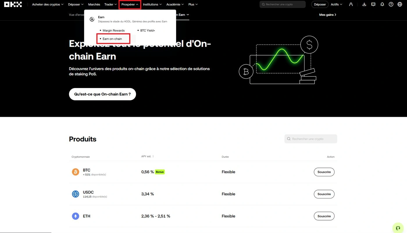 Menu OKX Prospérer avec Earn on-chain