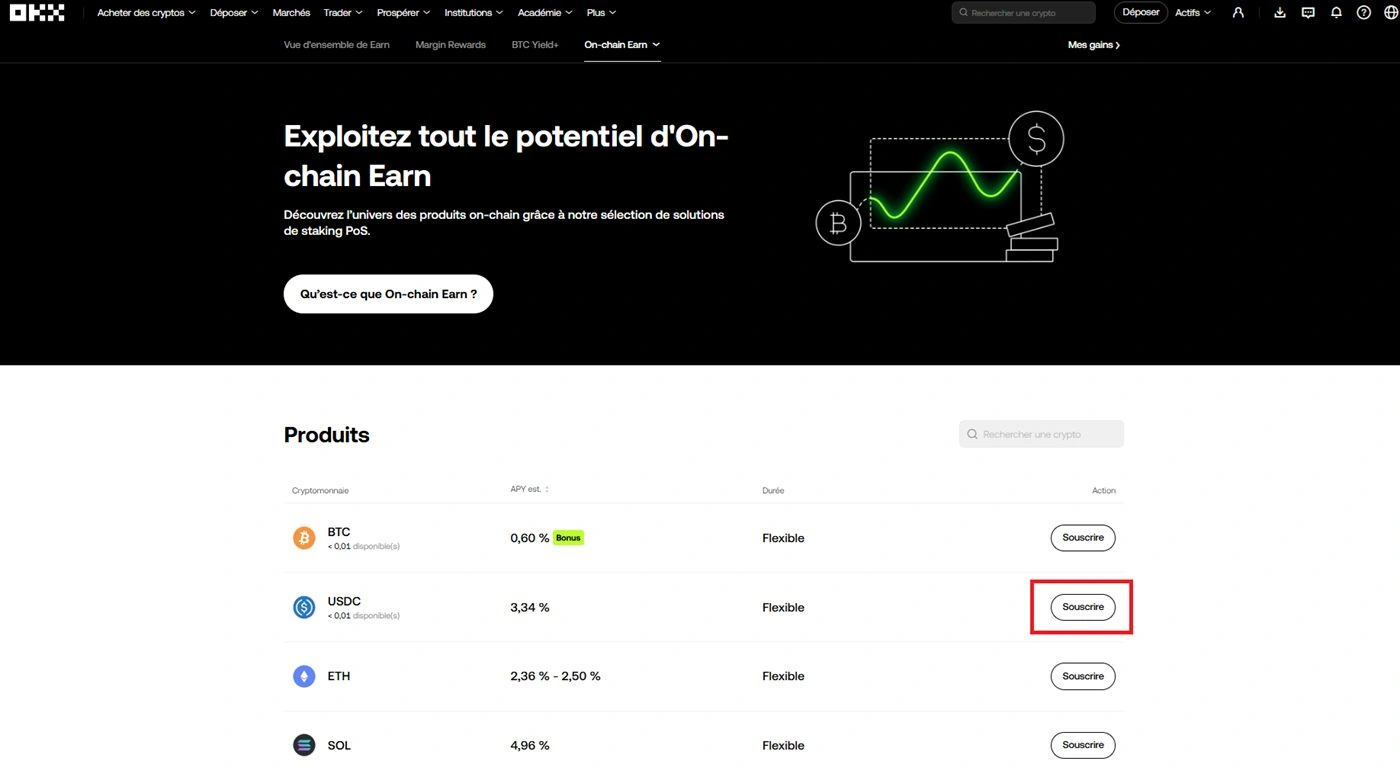 Liste OKX Earn on-chain avec cryptos éligibles et APR