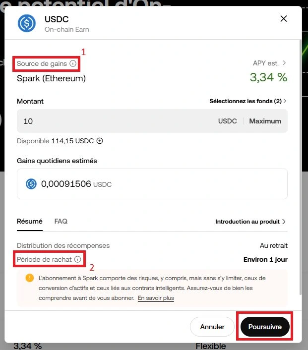 Détail produit Earn on-chain sélectionné avec paramètres