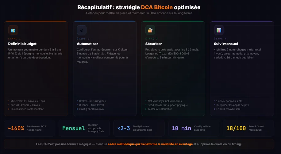 Recapitulatif visuel de la strategie DCA Bitcoin optimisee